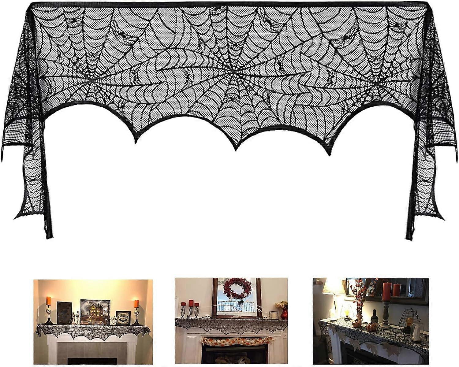 Halloween Cheminée Cheminée Décor, Dentelle Noire Toile d’araignée Cheminée Cheminée Écharpe Housse Guirlande