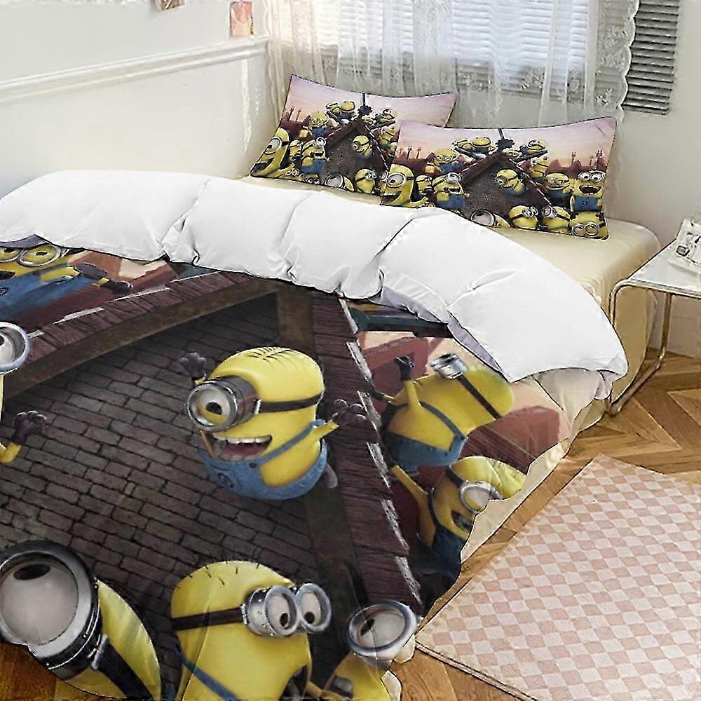 Lençóis v1155 O conjunto de cama de três peças para Minions é uma capa de edredom macia e confortável com capa de edredom e fronhas (1 Capa de Edredom e