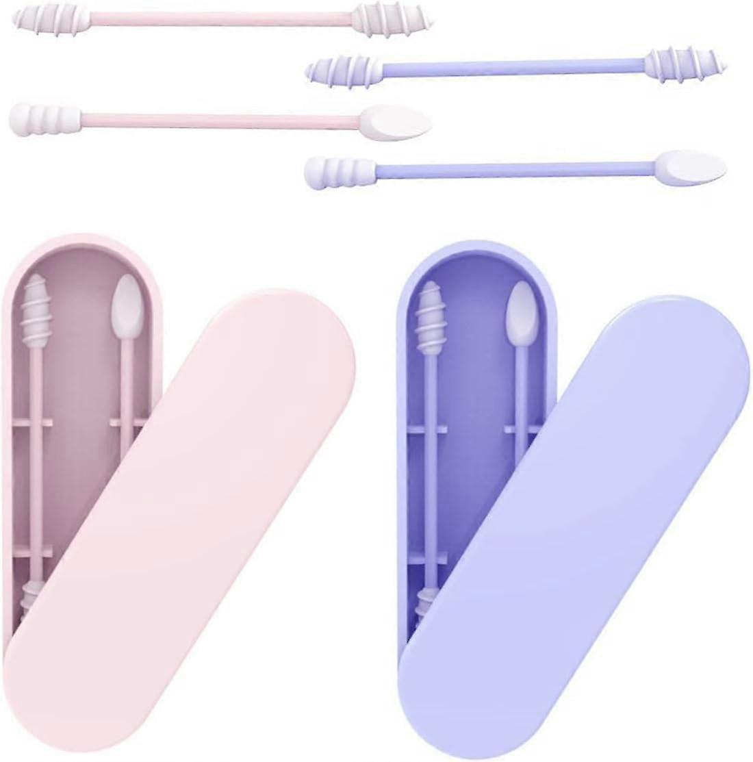 4 Pack Reusable Ear Cotton Swabs, Double Headed, Washable Soft Silicone Swabs with Hygienic Storage Case, for Makeup and Ear Cleaning