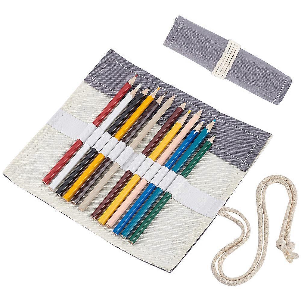 2pc Handmade Canvas Pencil Roll Wrap 12 Holes Multiuse Roll Up Pencil Case Pen Curtain for Coloring Pencil Holder Organizer Gray 20.2x22.2x0.4cm