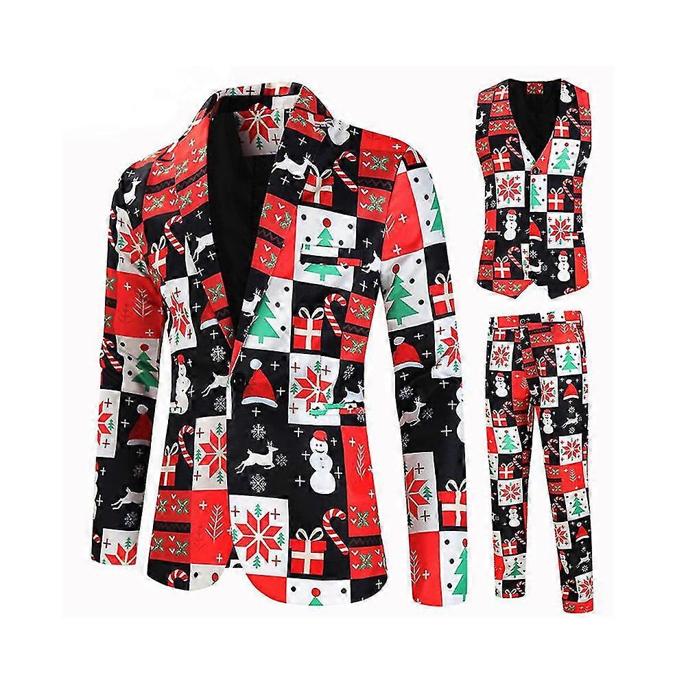 クリスマスメンズプリントラペルコートブレザーパンツズボンベストセット3個/セット