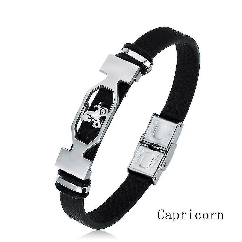 12 Constellation Stainless Steel Cuff Bracelet Men Women Zodiac Sign Black Leather Wrap Bracelet Jewelry Pulseras Hombre