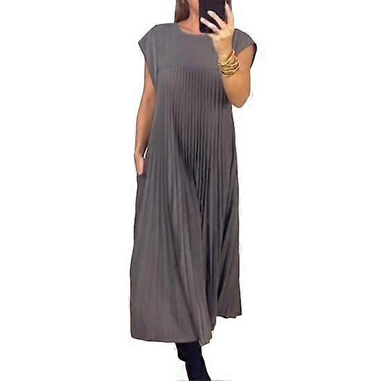 Women Summer Dress Pleated Round Neck Solid Color Loose A-line Sleeveless Mid-calf Length Soft Breathable Summer Commute Midi Dress