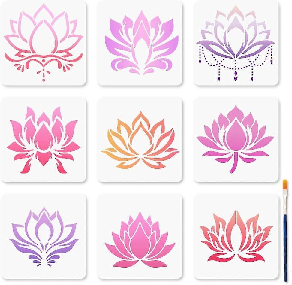 9 Styles Lotus Flower Stencils Water Lily Stencil 7.8x7.8inch Lotus Stencil for Painting with Paint Brush Nature Plant Templates for Craft on Window W