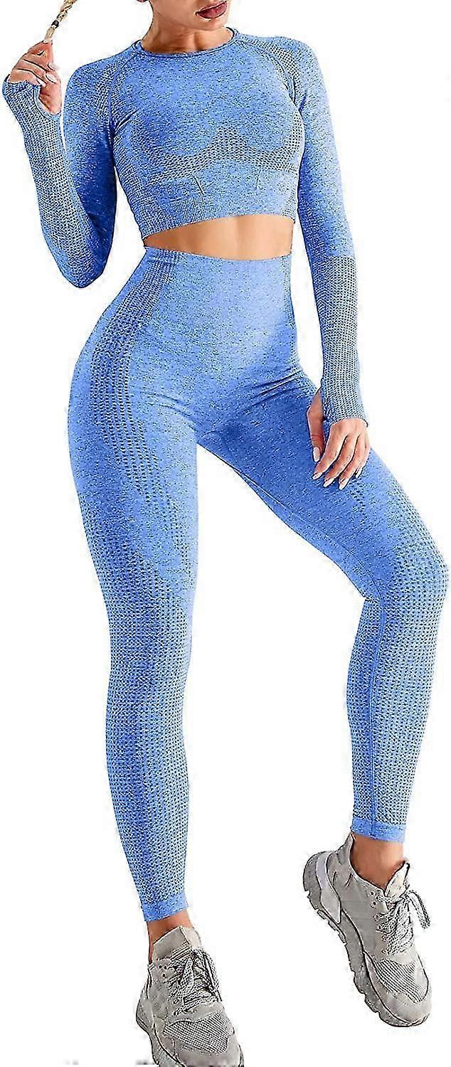 כחול 2 חלקים מותניים גבוהים יוגה תלבושת סט חדר כושר שרוול ארוך למעלה סרבל