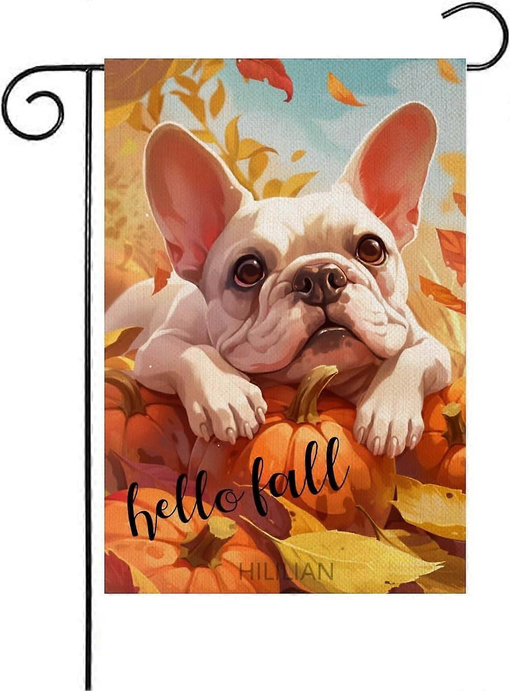 Hello Fall Bulldog-Flag 12x18 Double Sided, Pumpkins Garden Flags(6533)