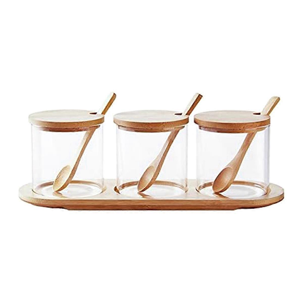 Bamboo Condiment Container with Lid and Spoon-Condiment Box Set, Used to Store Condiments, Salt and Sugar.