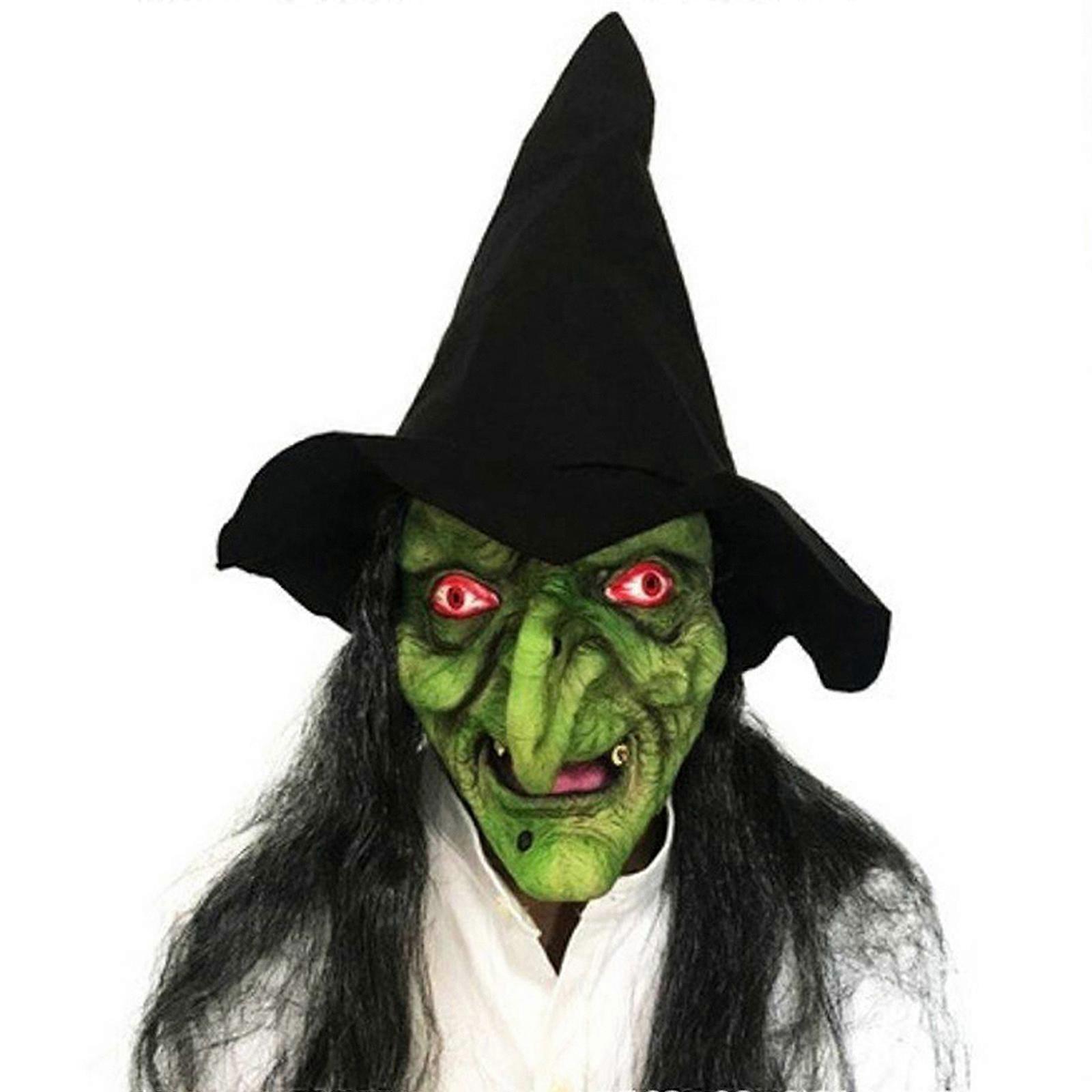 Halloween Scary Old Woman Witch Mask Realistic Hair Hat Latex Costume
