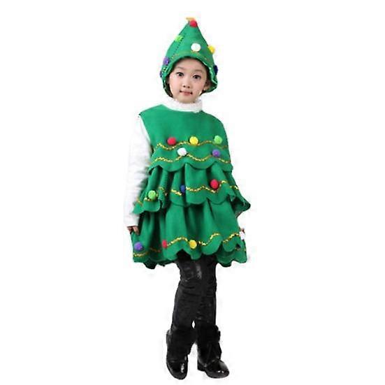 2 Pcs/Set Christmas Costume with Hat Multi Plush Ball Pendant Decor Scattered Cake Hem Sleeveless Round Neck A-line Christmas Tree Cosplay Performance