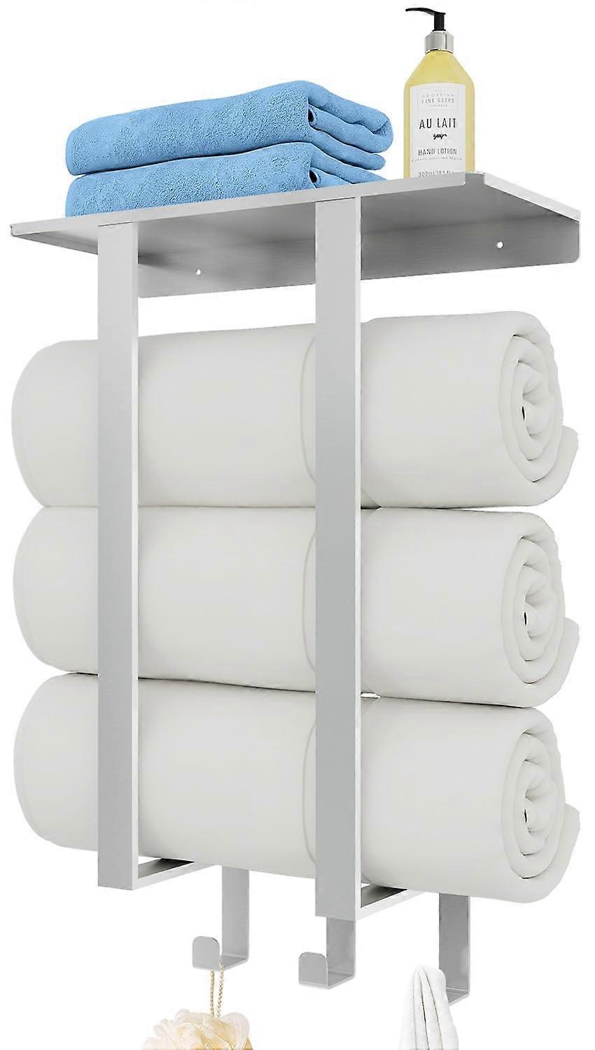 Wall Mounted Towel Rack with Shelf and Hooks 3 for Small Bathroom Rolled Bath Towels