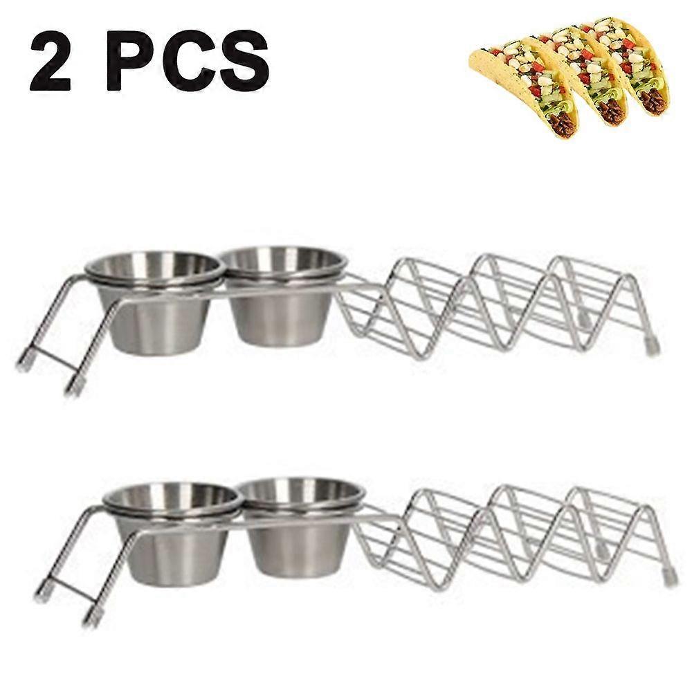 Taco Shell Stand Up Holders- 2 Pack Premium Stainless Steel Taco Tray with 2 Salad Cups ,Holds 3 Tacos Each Keeping Shells Upright & Neat