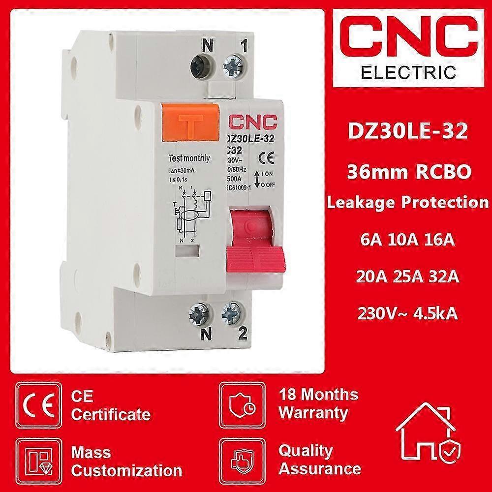 32A Residual Current Circuit Breaker CNC DZ30LE-32, 1P+N, 230V, Overcurrent & Short Circuit Protection, 36mm, Enhanced Safety