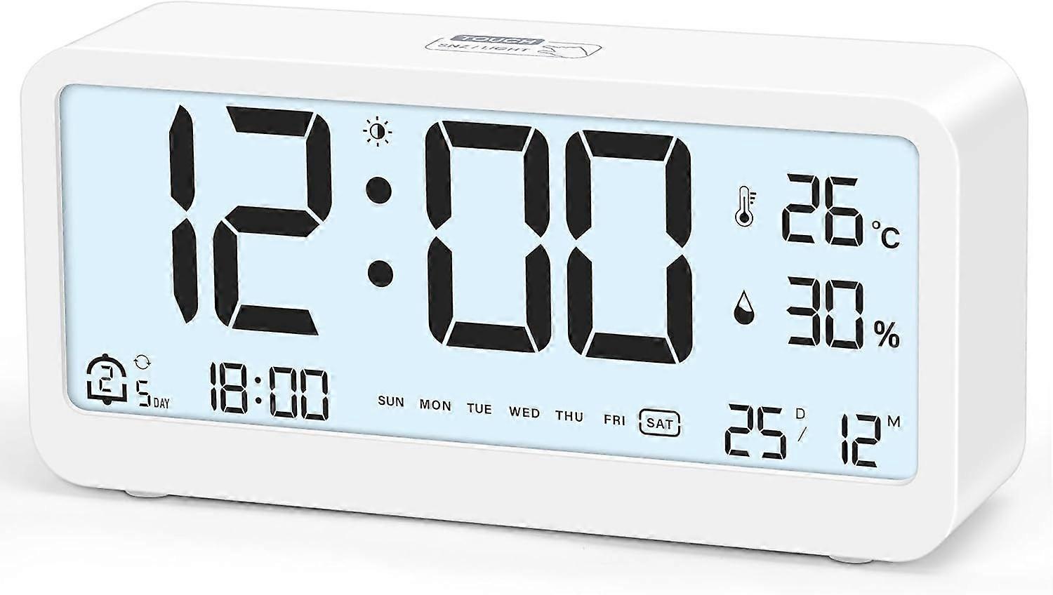Digital Alarm Clock with Large LCD Display, Loud Crescendo Ringtone Clock, Temperature & Humid Display Function, White