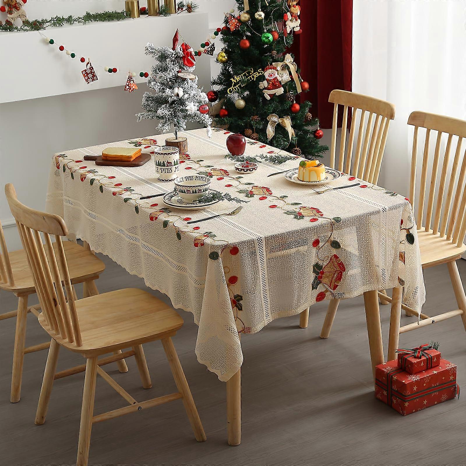 Beige Christmas rectangular tablecloth 70 -inch red bell lace fabric embroidered tablecloth