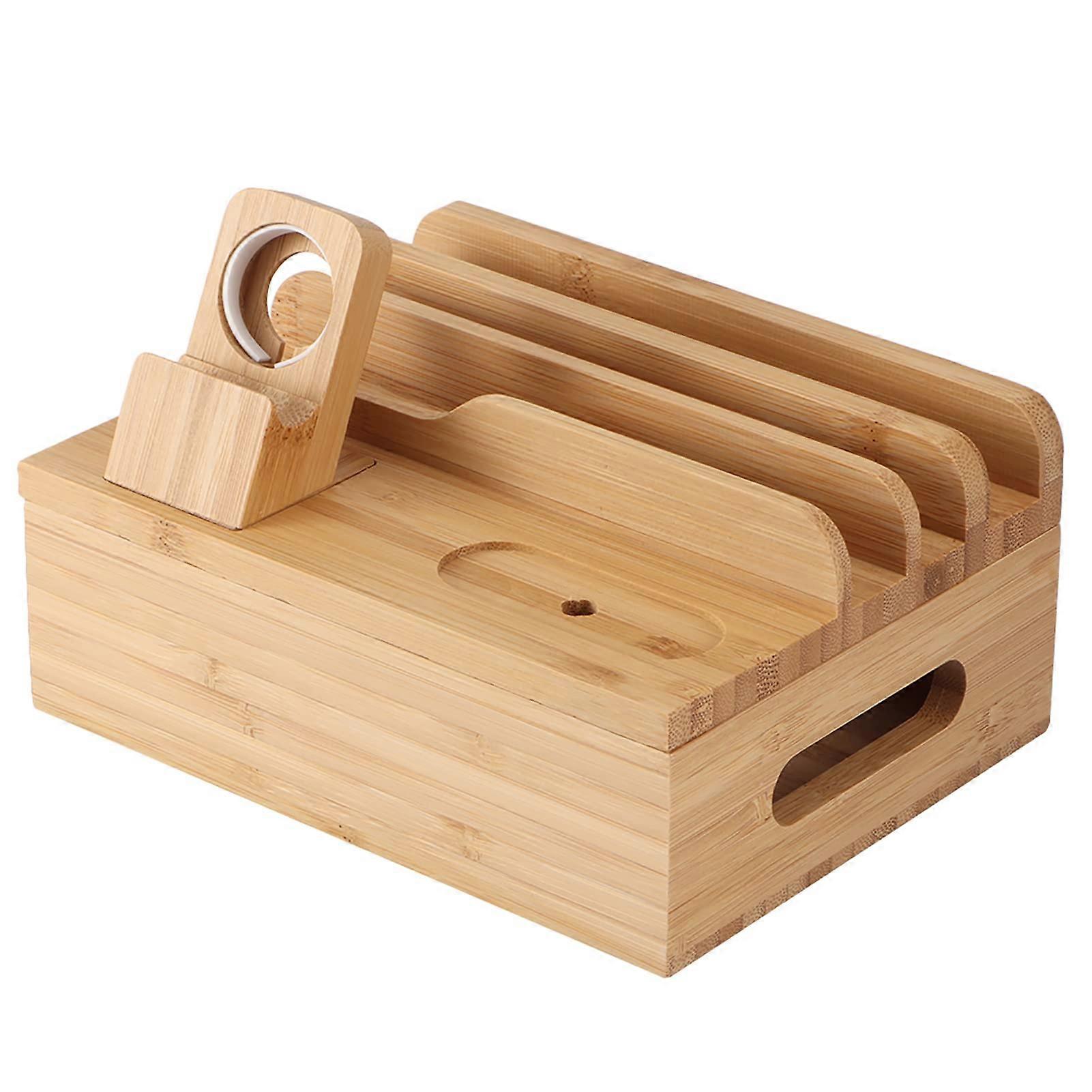 Bamboo Charging Station For Multiple Devices Phone And Watch Dock Desktop Organizer Natural Finish For Home Office