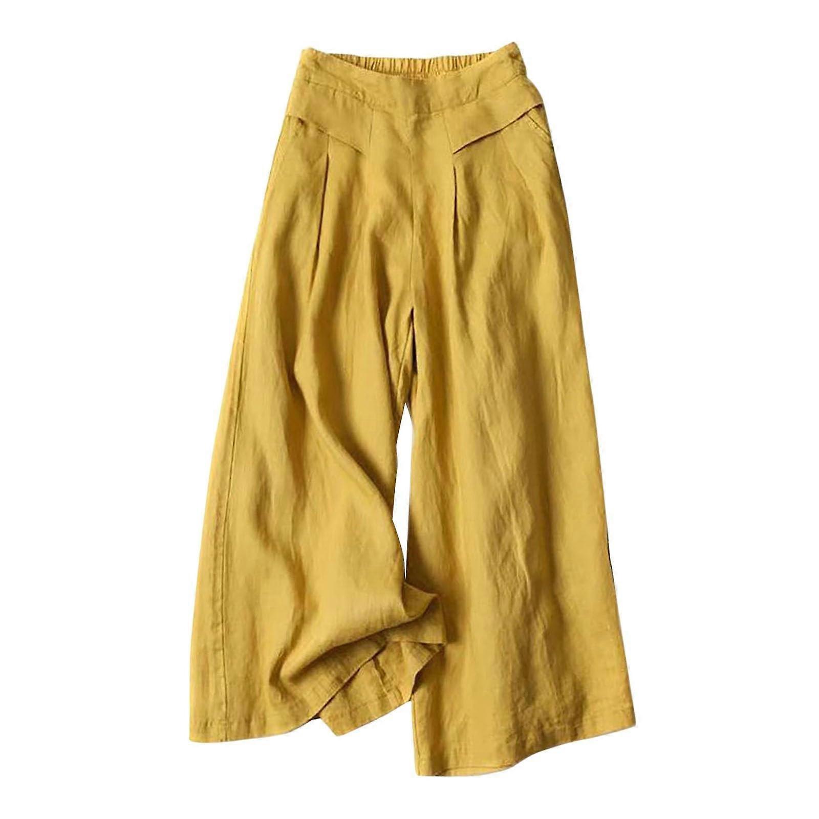 Women Linen Summer Palazzo Pant Flowy Wide Leg Beach Pants High Elastic Waisted Button Up Trousers with Pocket 1353scassyellowc Medium