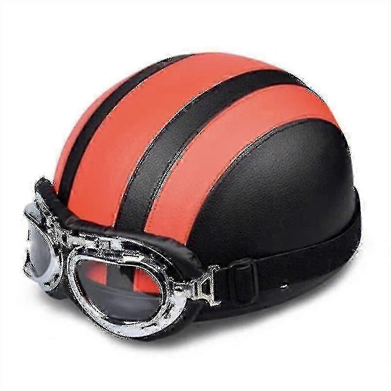 Dd-retro Motorcycle Leather Half Helmet With Goggles Orange