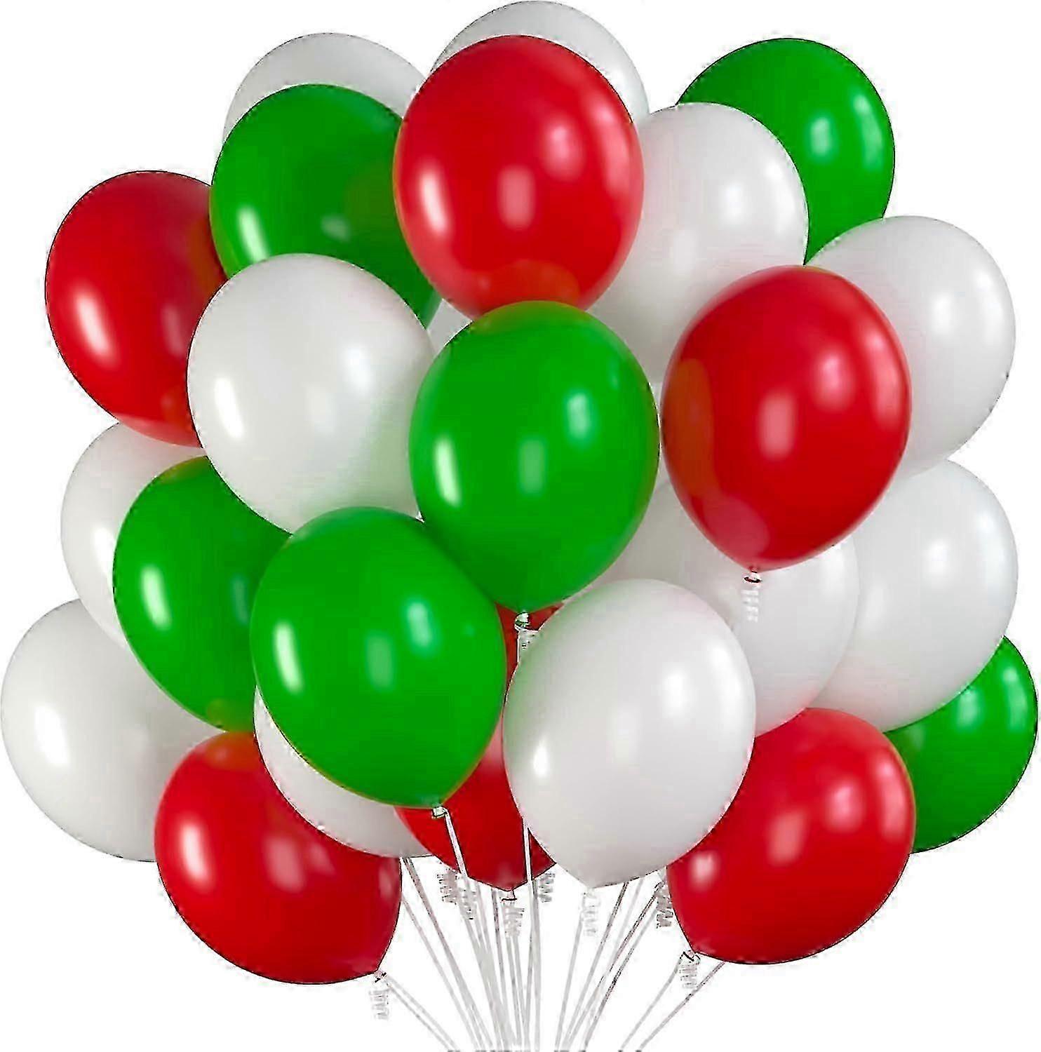 75 Party Balloons 12 Inch Red, Green and White Balloons with Ribbon for