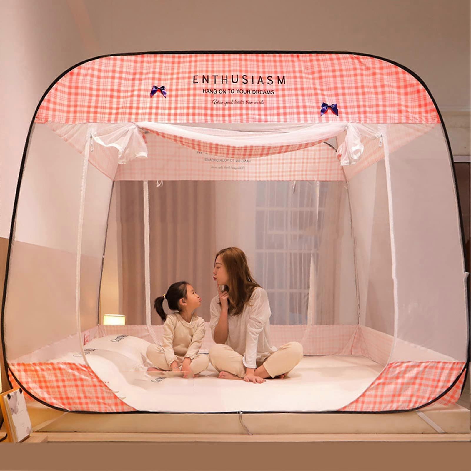 Pop-Up Mosquito Net Tent with Floor, Foldable Canopy for Double to King Size Beds, Pink 180x200CM, Washable, Outdoor Use