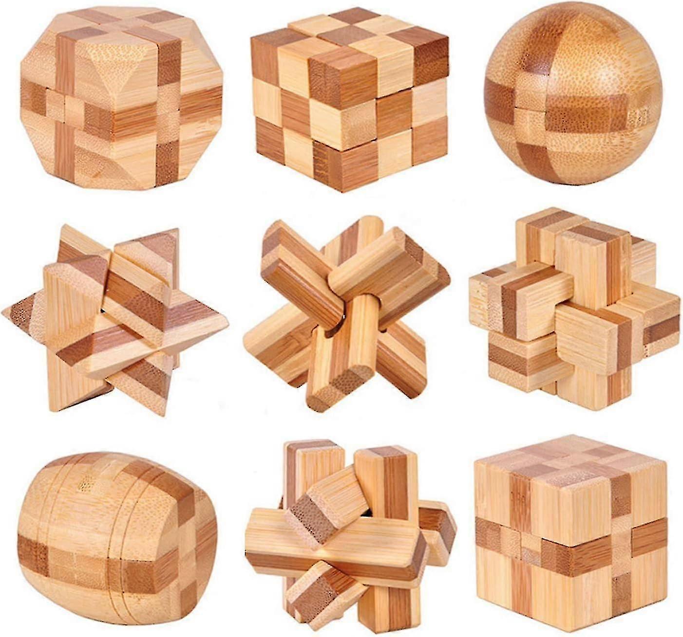 Set of 9 Wooden Puzzles 3D Iq Challenge Cassette Lock Intellectual Logic Educational Toy Game Jigsaw Withdrawal Assembly Cube