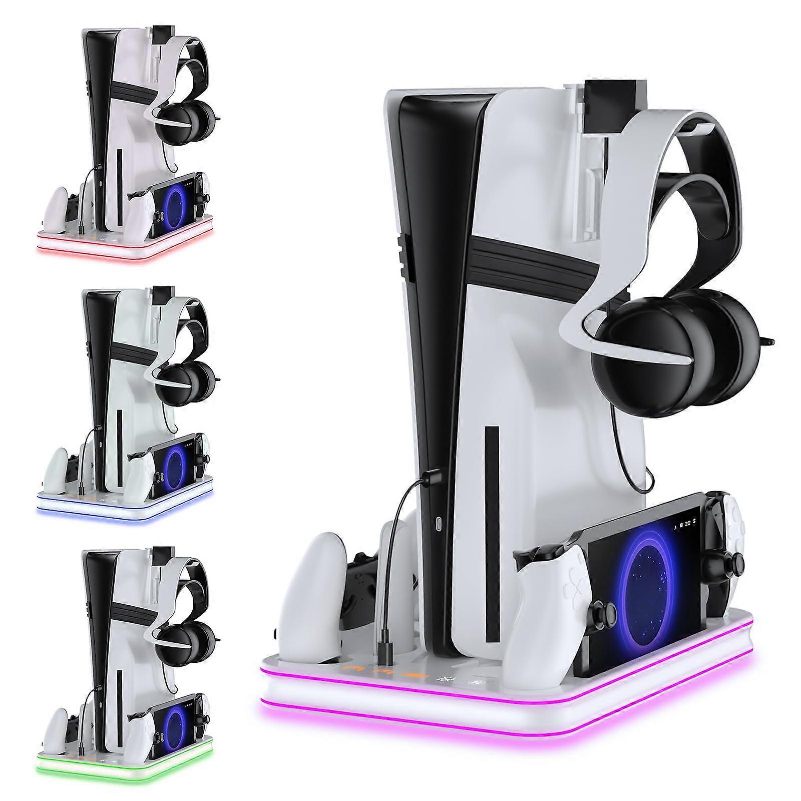 PS5 Stand and Cooling Station With RGB LED Controller For PS5 Slim And PS5 Pro Controller Charger 3-Level Fan 3 Devices