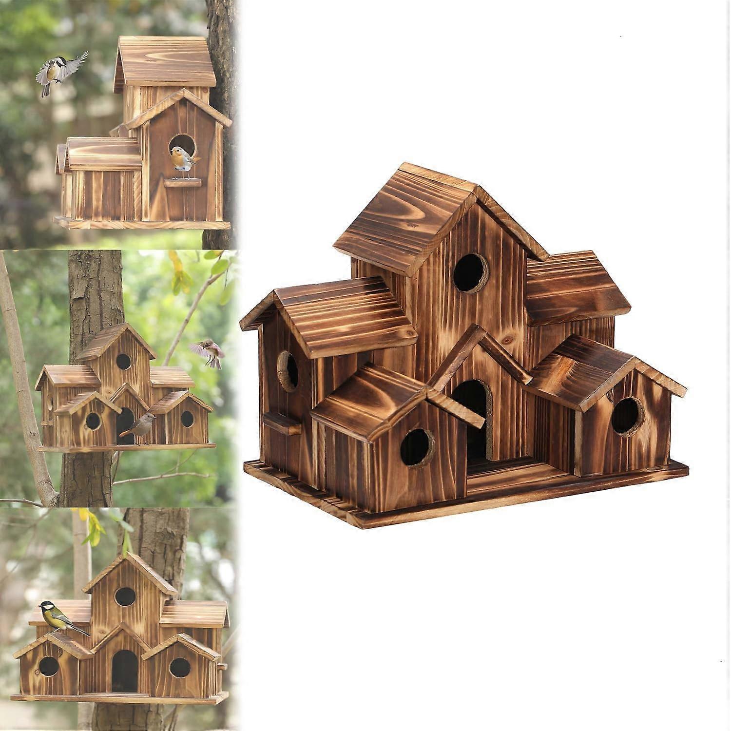 Wooden Bird Houses with 6 Holes Outdoor Hanging Nesting Box for Home Decoration