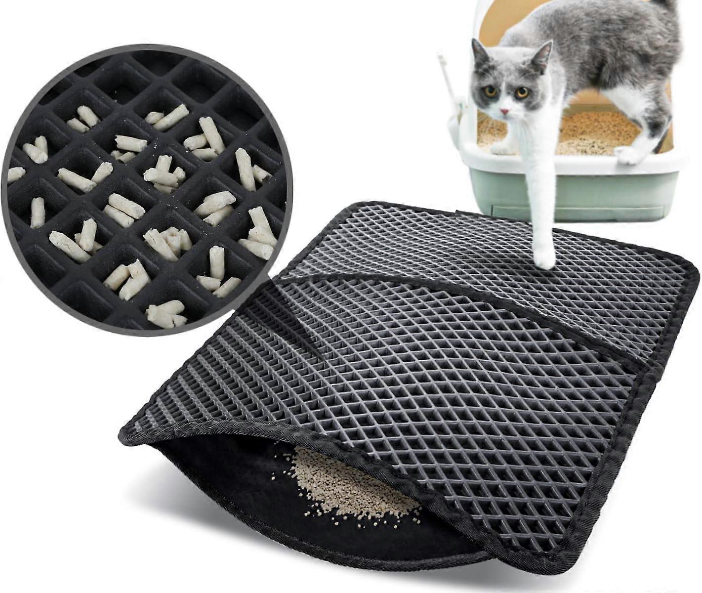 Foldable Double Layer Cat Litter Mat 60x42cm, Non-Toxic EVA with 12mm Large Diamond Shaped Hole, Non-Slip Waterproof Cat Toilet Mat, Easy to Clean（bla