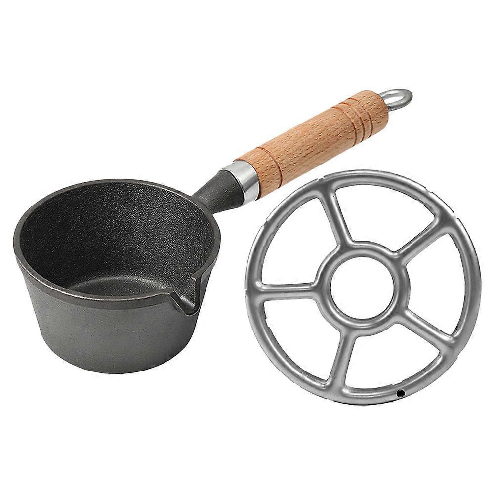 Compact Cast Iron Sauce Pan with Wooden Handle – Non Stick Butter Melting Pot for Milk, Oil & Stove Top Cooking – Portable Small Iron Pot for Camping