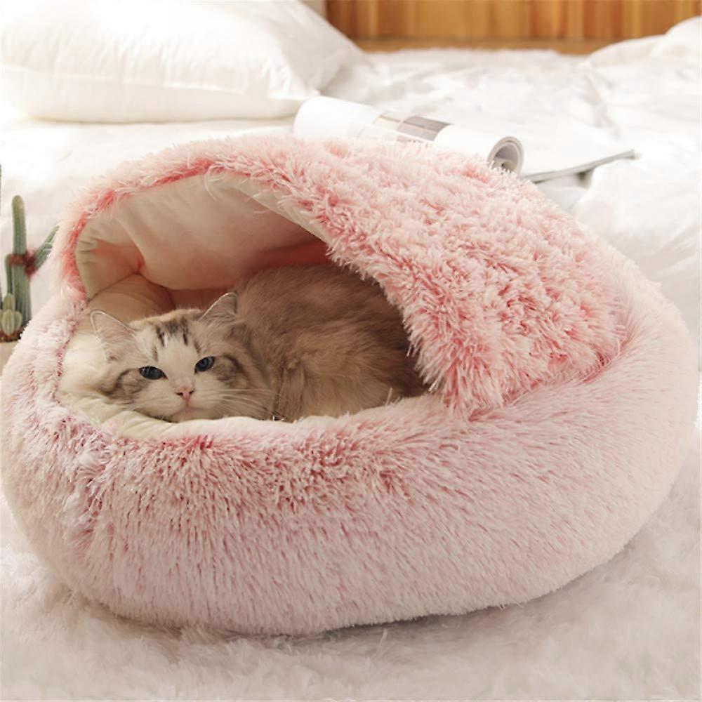 Fluffy Cat Bed Round Soft Plush Cave Hooded Design Non-Slip Machine Washable for Cats and Puppies Winter Warmth