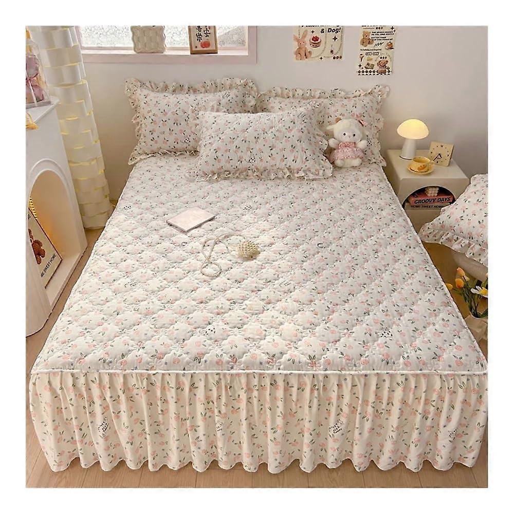 1PC Quilted Bed Skirt Four Corners Elastic Floral Print Thickened Mattress Bed Skirt Single/Queen/King (Huayuanmaomao, 150x200x45cm, 1PC)