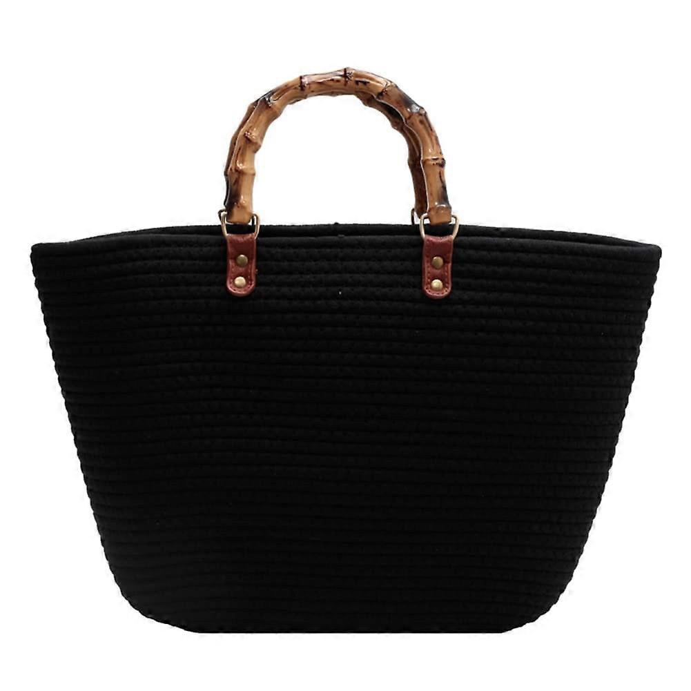 Cotton Woven Handbags with Bamboo Handle, Large Capacity Striped Casual Tote for Beach and Sea Parties, Style 3
