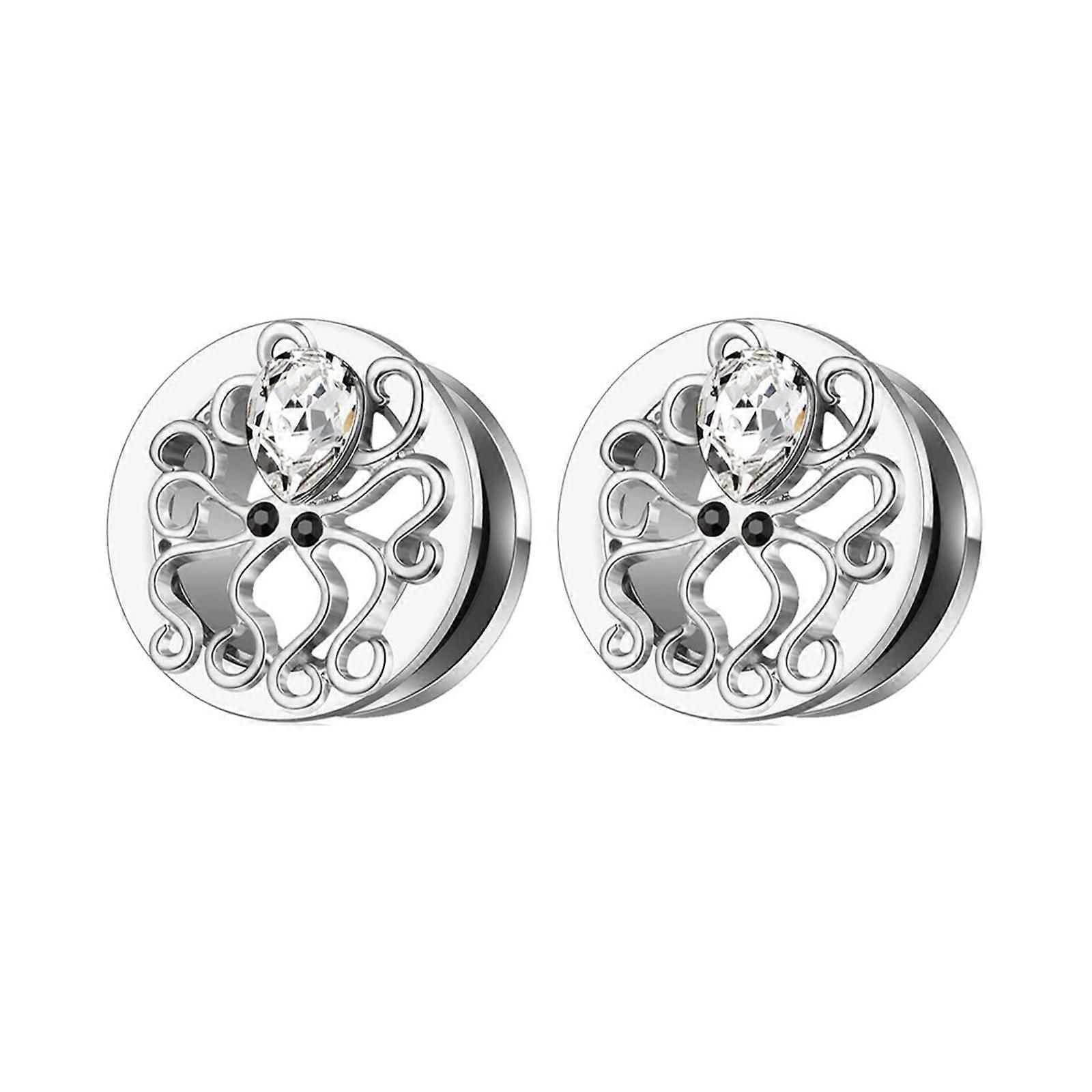 2 Piece Stainless Steel Ear Tunnel Set with Octopus Design and Zircon Plugs for Men 8-16mm