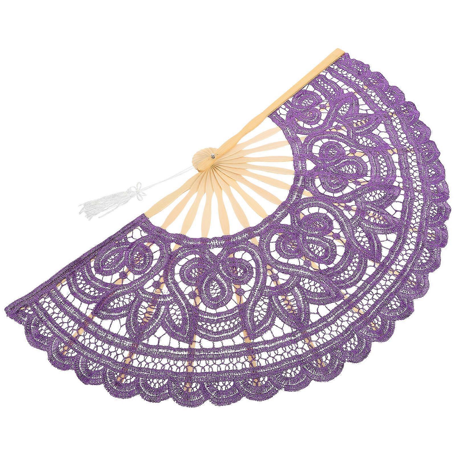 Purple Lace Folding Fan for Women Vintage Handheld Fan Portable and Compact for Daily Use Lightweight Bamboo