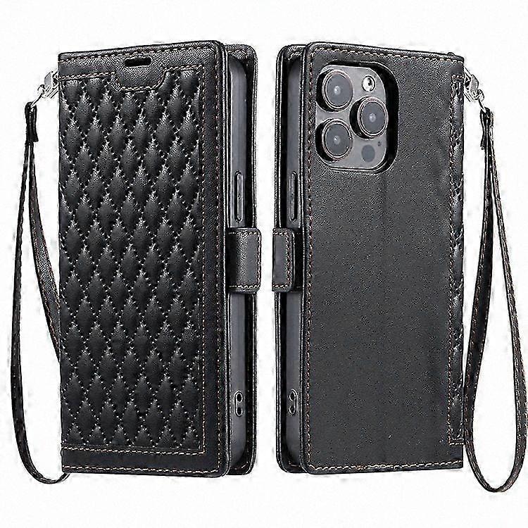 Leather Wallet Case with Rhombus Texture and Wrist Strap for iPhone 13 Pro Stand Cover