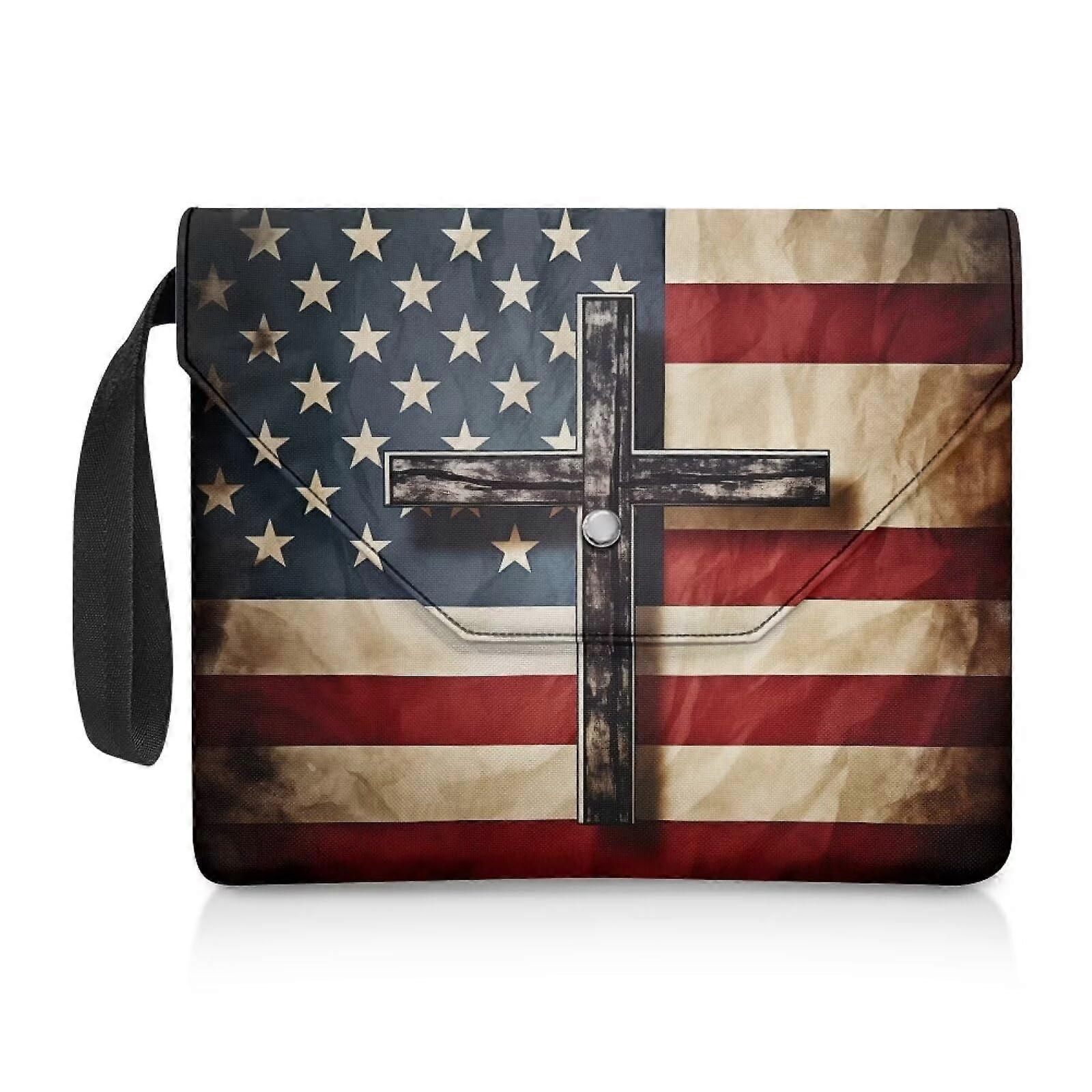 American Flag Cross Print Book Cover with Button Closure, Hardcover Book Sleeve for Readers and Book Lovers, Protective Book Case
