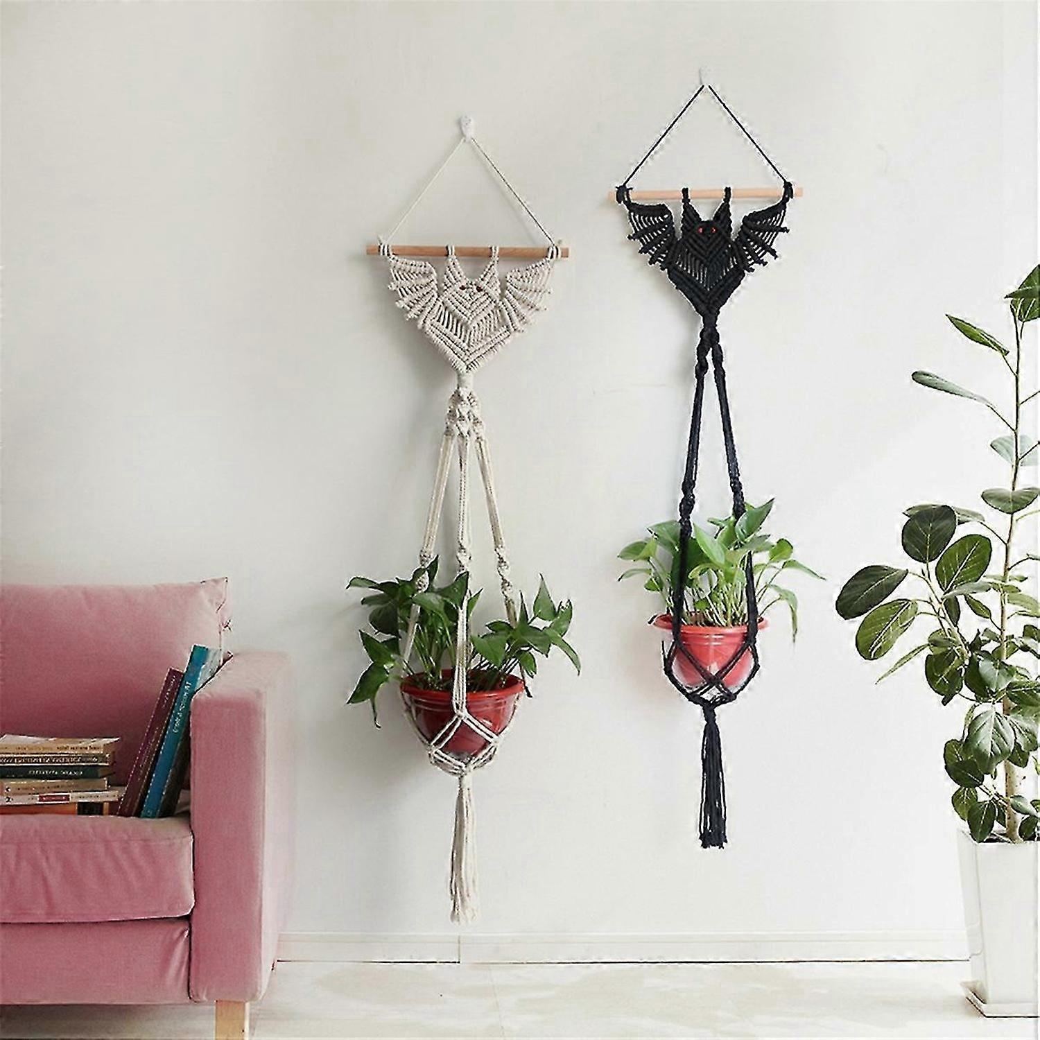 Tapestry Macrame Hanger Organizer Wall Planter Net Pocket,Black A