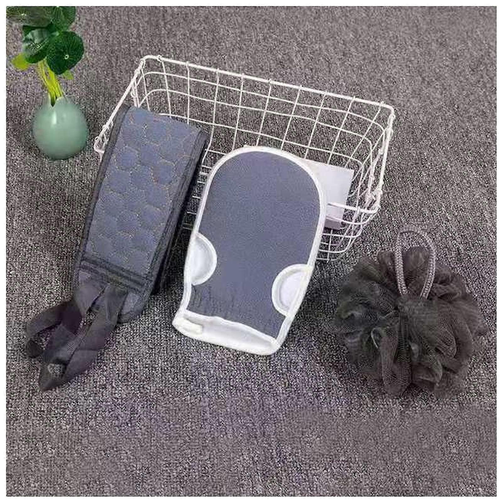 Bath Ball Set with Three Thickened Bath Balls, Bath Brush, and Long Strip Back Towel in Gray for Decontamination and Oil Removal