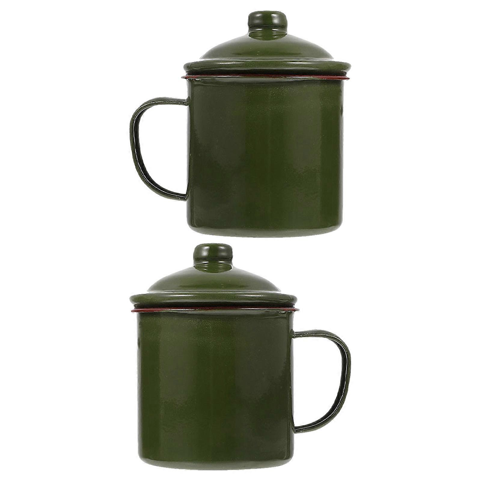 Green Enamel Coffee Cups for Kitchen Use 4Pcs with Lid Camping Set