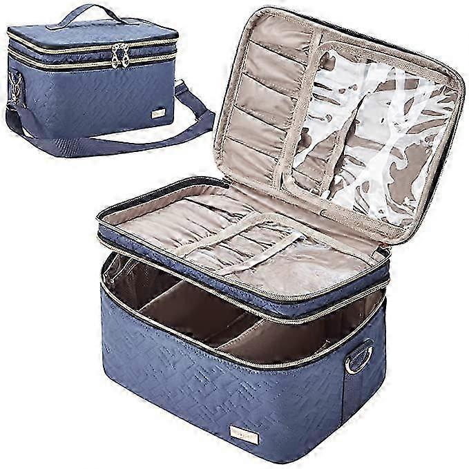 Double Layer Travel Makeup Bag With Strap, Large Cosmetic Case Organizer Fits Bottles Vertically, Top Layer For Brushes, Tweezers, Eyeliner, Pink