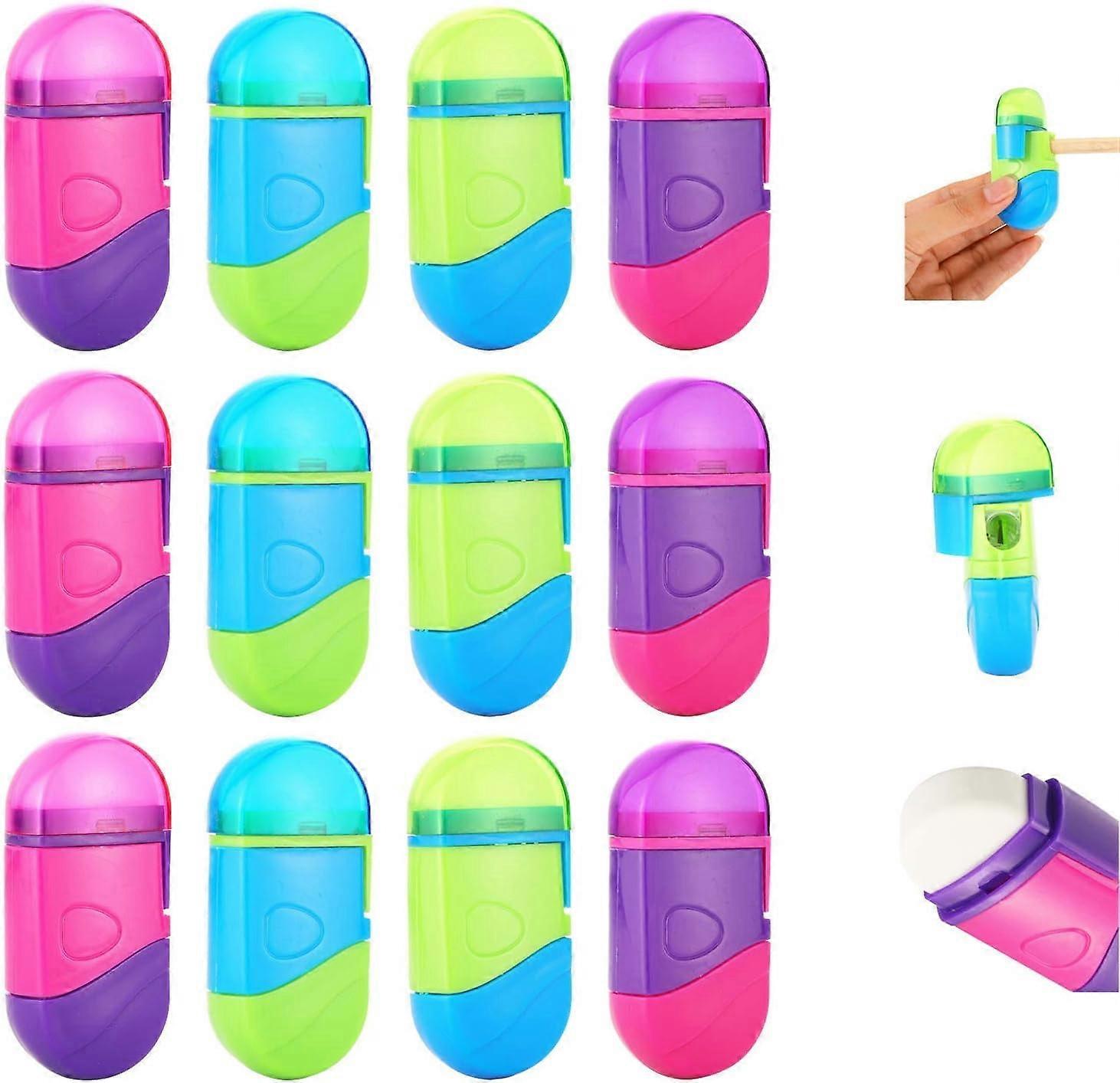 12 Pieces Pencil Sharpener Portable Manual Pencil Sharpener with Eraser and Lid Hand Pencil Sharpener for Office Home and School Supply