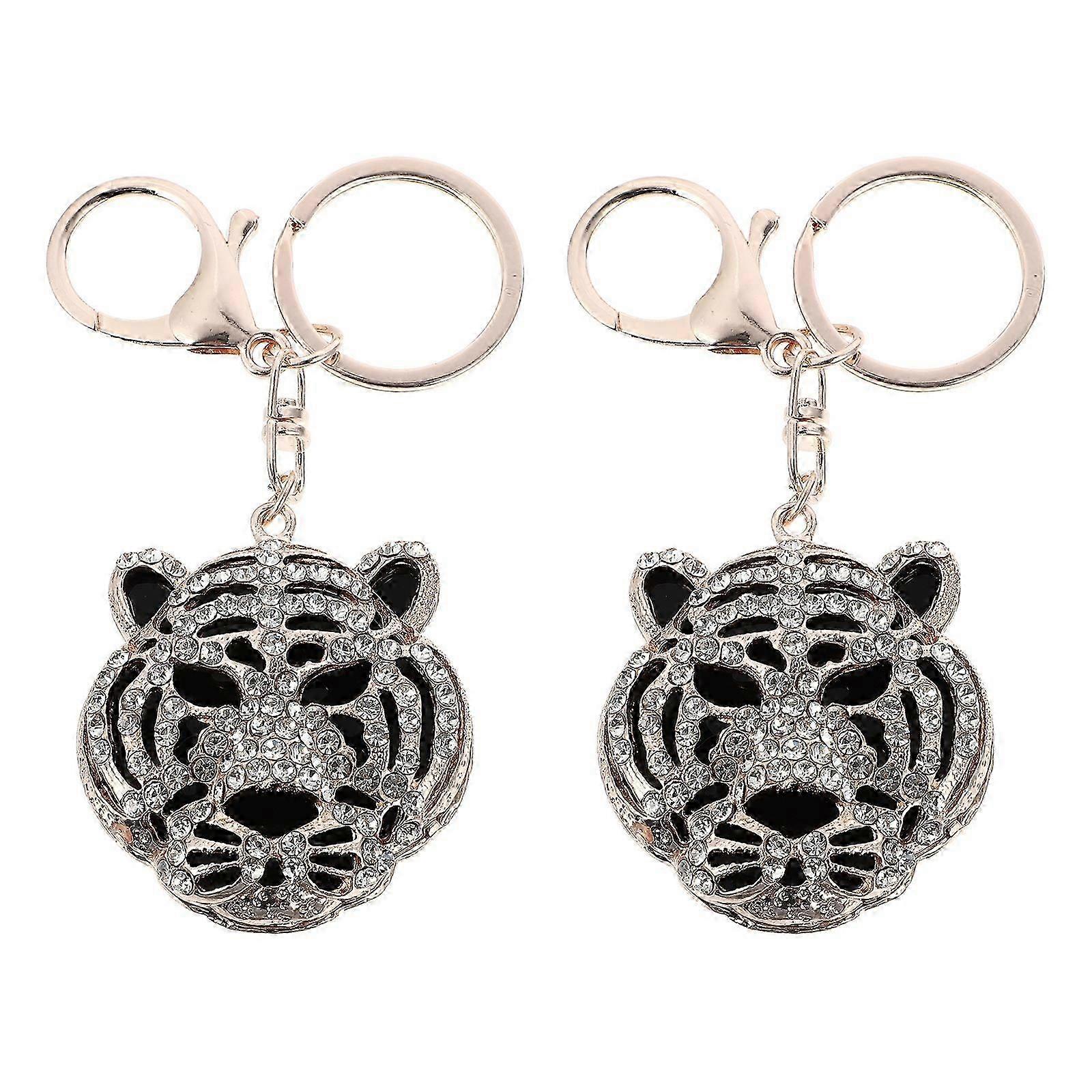 2pcs Shiny Rhinestone Tiger Keychains Keyholder Pendants Creative Keyring Decors