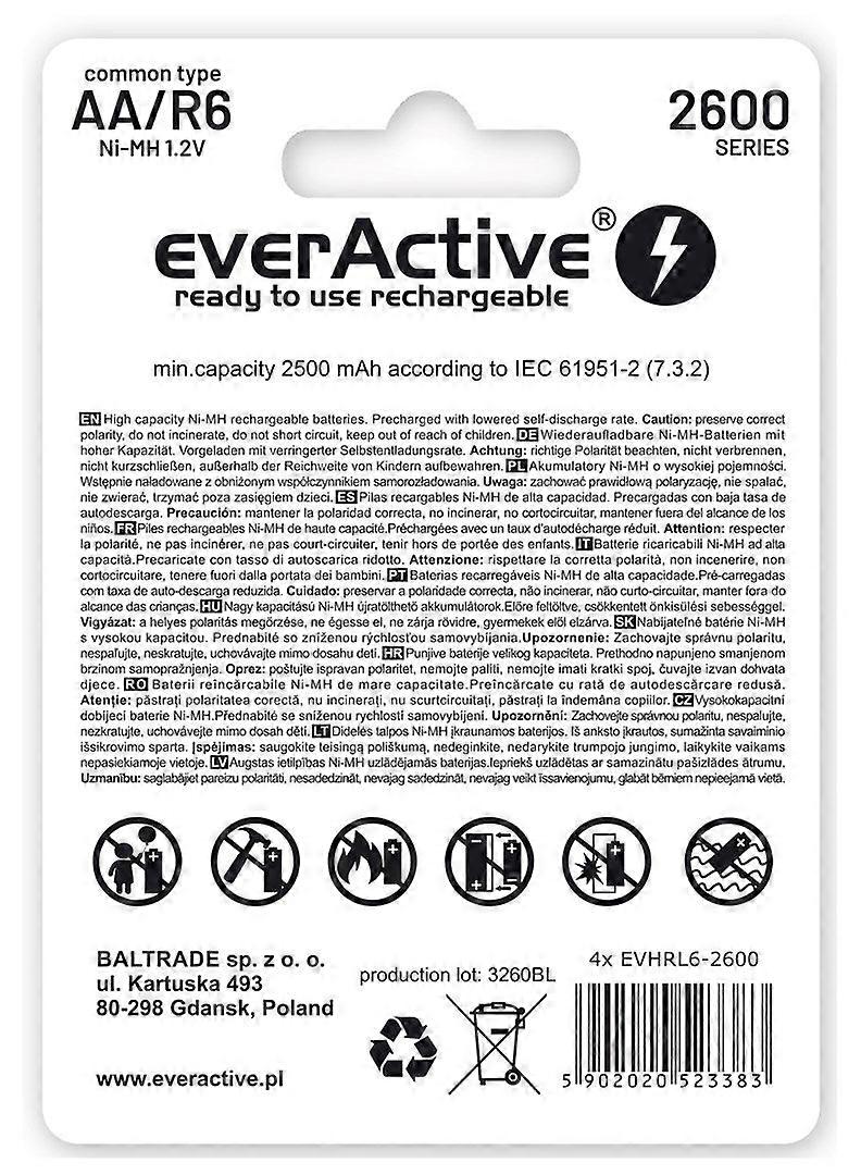 Piles rechargeables Everactive Ni-MH R6 AA 2600 mAh, gamme professionnelle