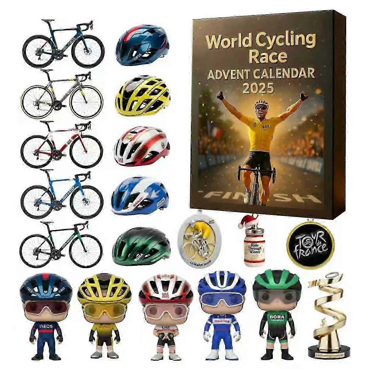 Calendrier de l'Avent 2025 : compte à rebours de 24 jours, Championnats du monde de cyclisme, figurines acryliques surprises, décoration pour sapin.