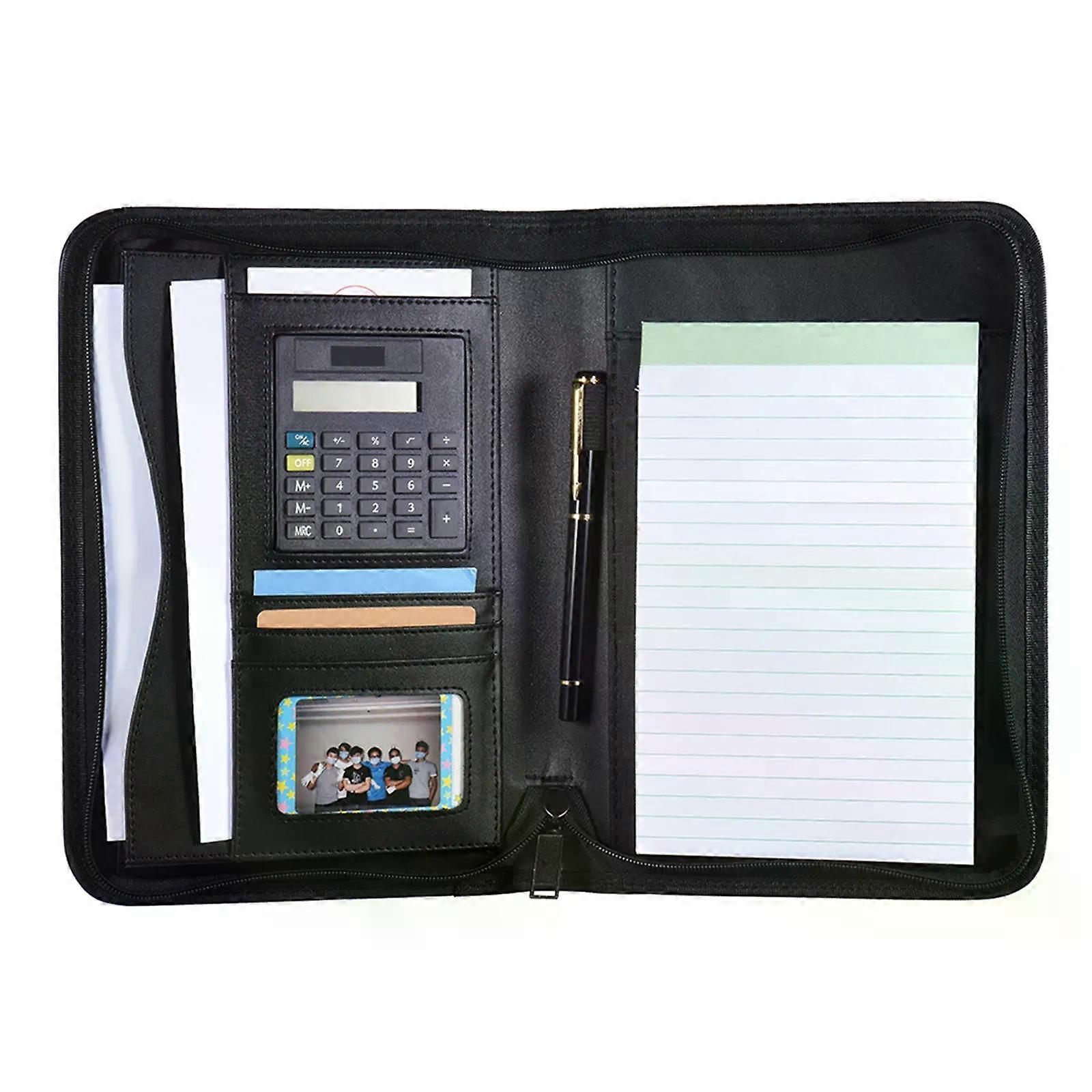 Portable Professional Business Portfolio Folder Document Case Organizer A5 PU Leather Zippered Closure with Calculator Holder
