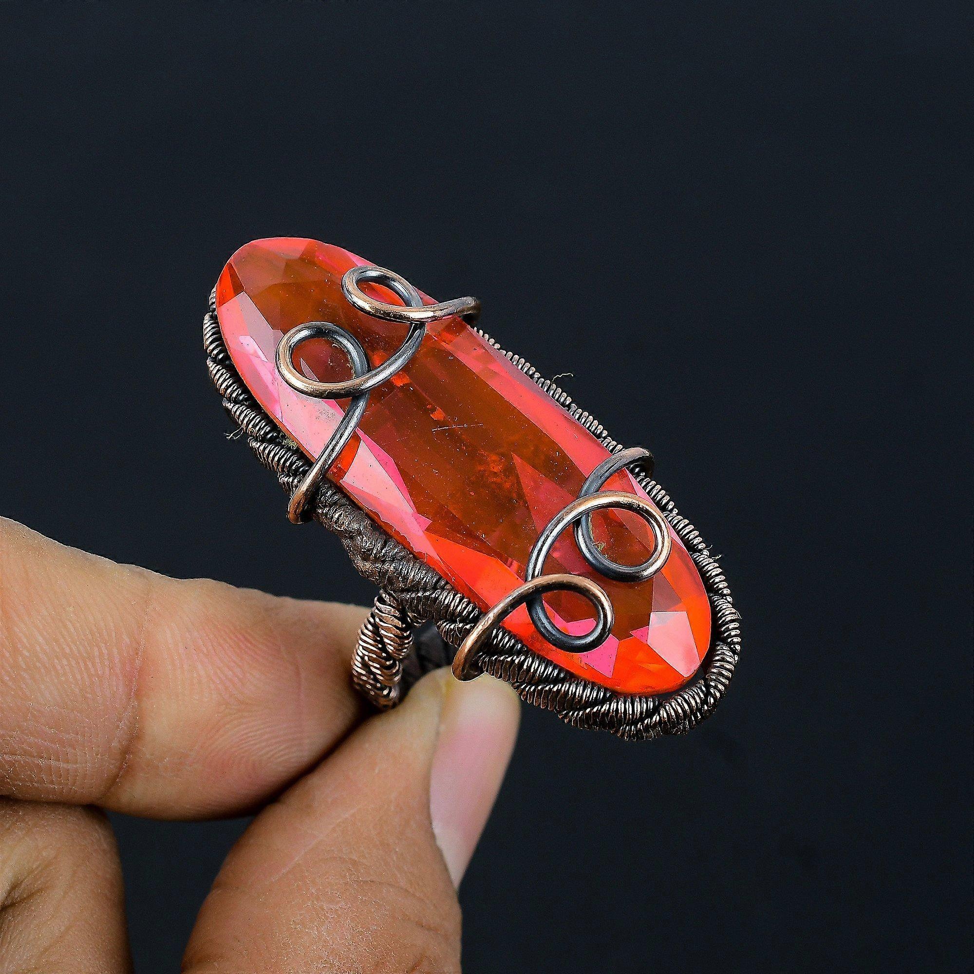 Rubellite Gemstone Copper Wire Wrapped Handmade Jewelry Ring For Gift