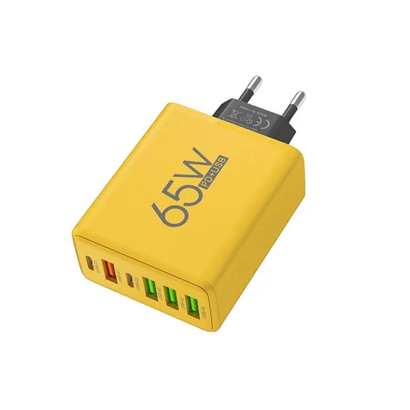Travel Plug Adapter 65W Double PD & 4 USB A Ports Rapid Charging Block 6 Port EU Plug Type C USB Fast Power Adapter  Yellow