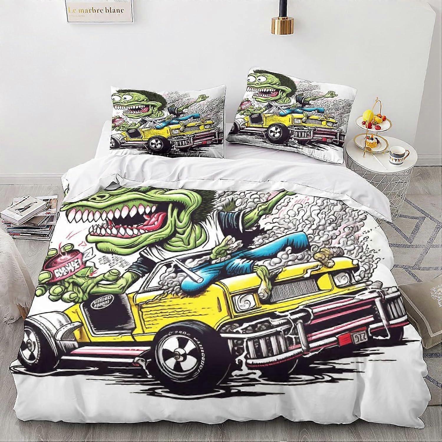 LikeEj 3D impresso monstros jogo de cama para adolescentes desenhos animados padrão edredom capa com fronhas carro vintage capa de colcha de microfibra com zíper closu