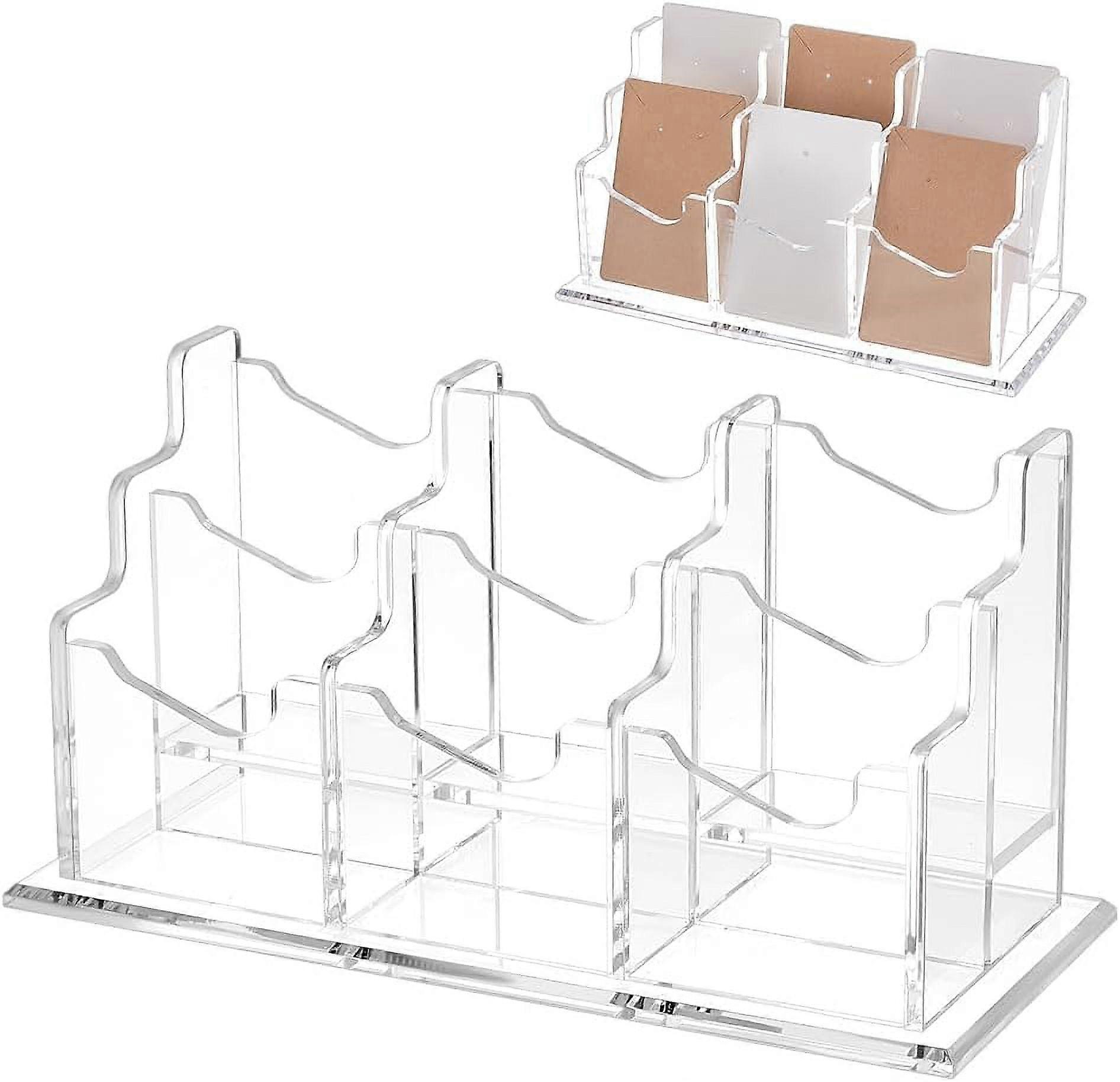 6 Pockets 2-Tier Acrylic Business Card Holder, Clear Desktop Display Stand for Office Home Desk, Vertical Name Card Organizer