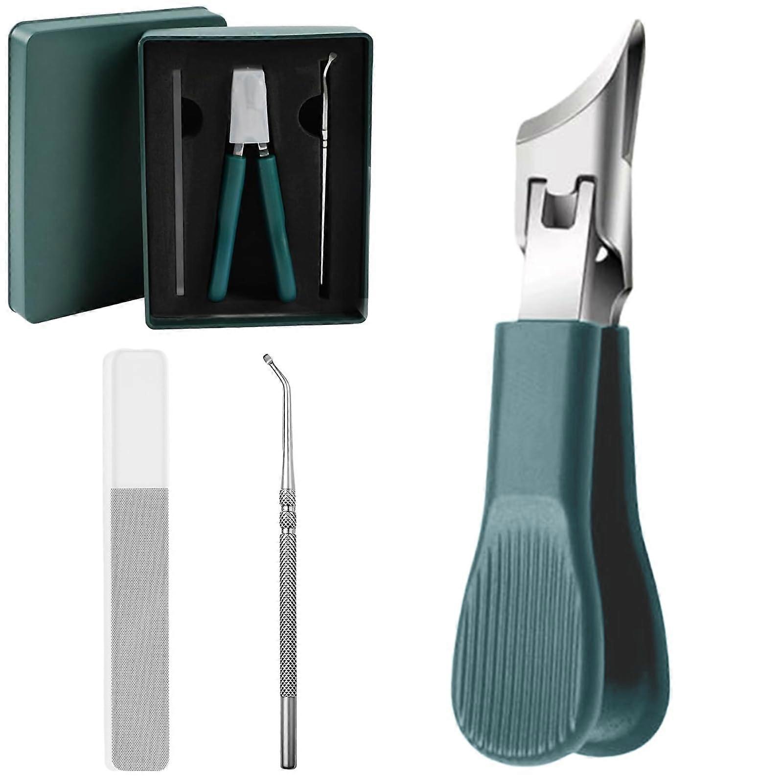 3 Piece Splashproof Long Handle Toenail and Nail Clippers with Precision Angled Blade Green