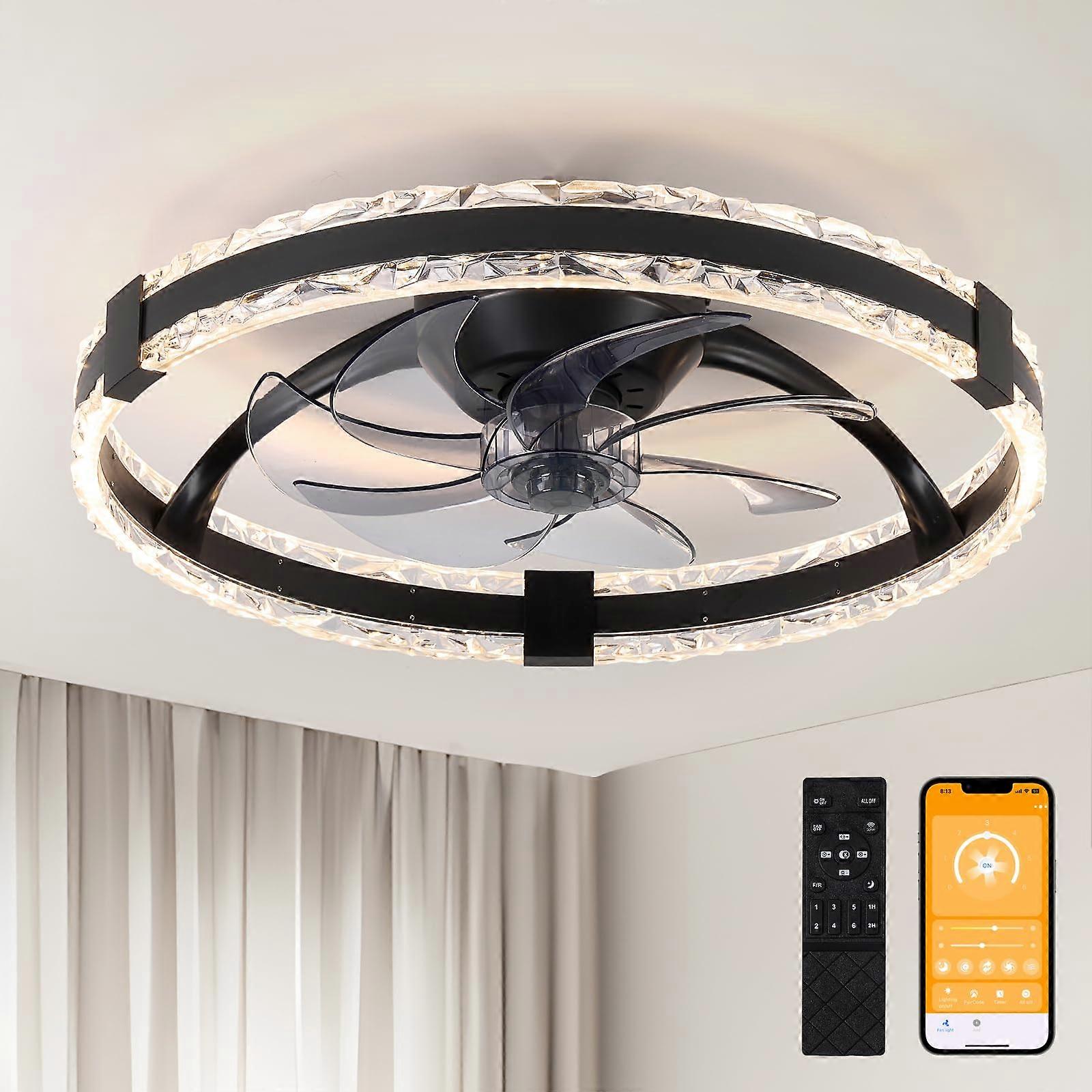 20 inch Flush Mount Ceiling Fan with Lights Remote Dimmable LED Quiet Reversible Motor for Bedroom